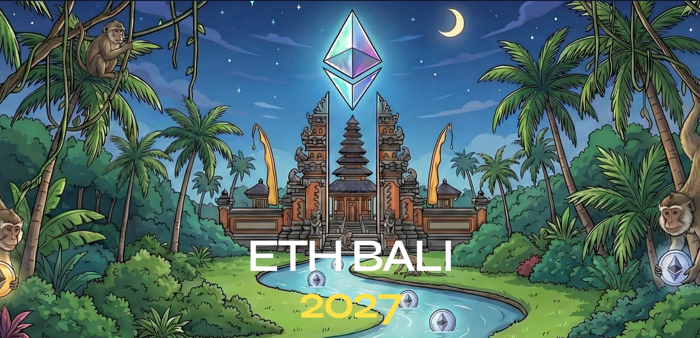 Actual ETH Bali homepage: illustrated tropical scene, Ethereum symbol and ETH Bali 2027 lettering